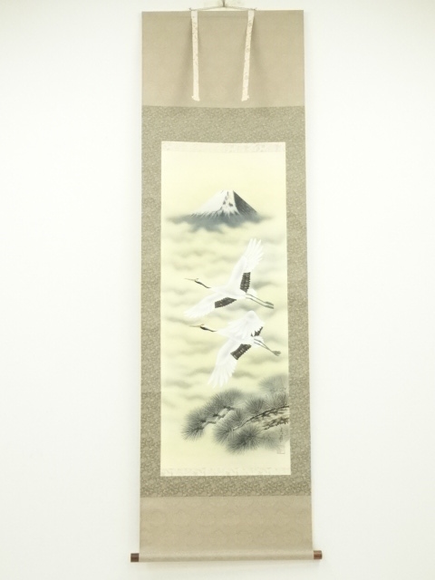 JAPANESE HANGING SCROLL / HAND PAINTED / FLYING CRANES